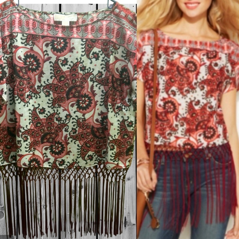 Michael Kors Coral and Cream Paisley Off-Shoulder Fringe Top M